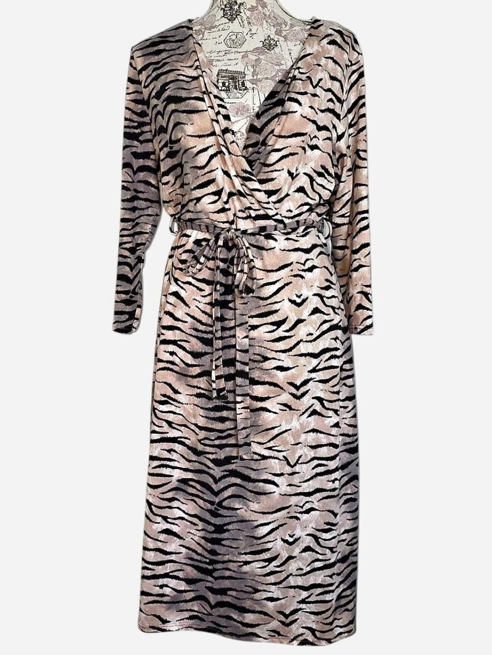 Animal-Print Wrap Midi Dress in Beige and Black